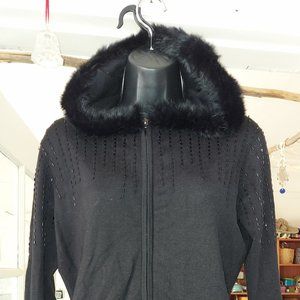 Silk Beauty - Hooded Black Bugled Beaded Cardigan with Fur Trim